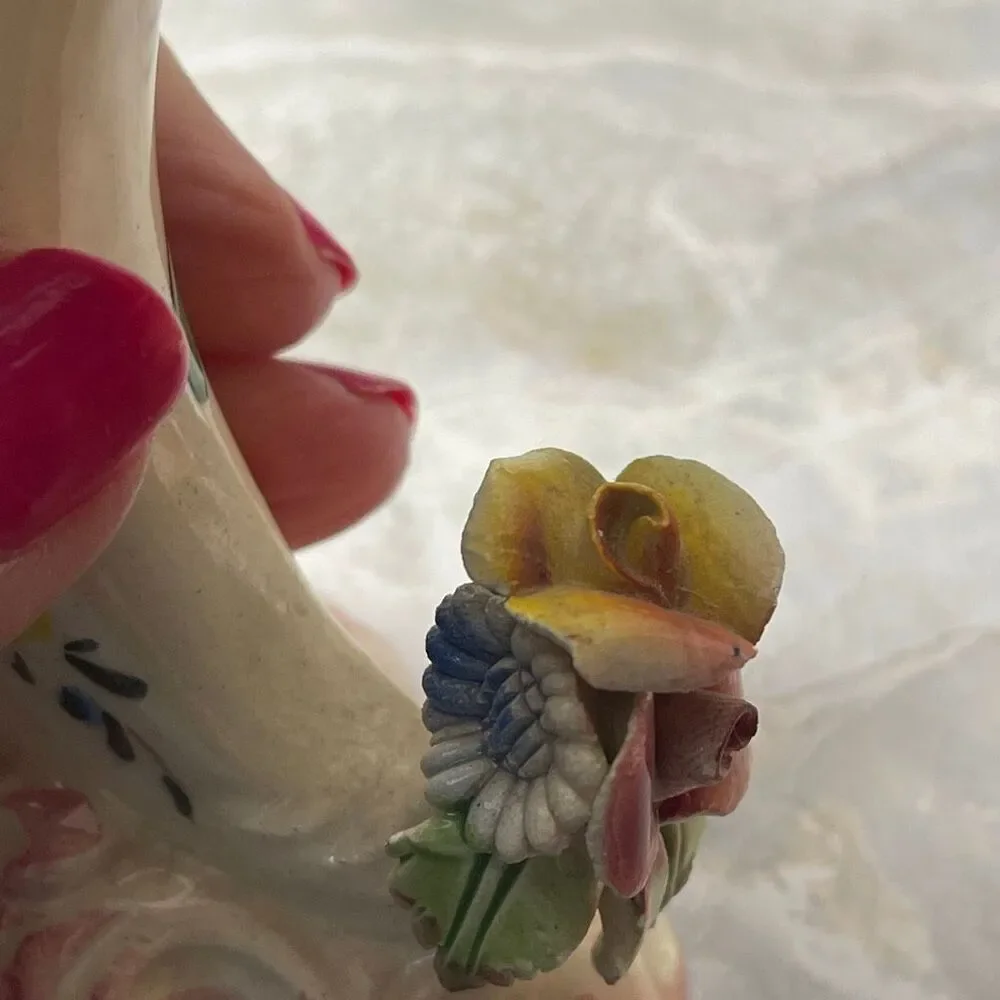 Vintage Italian ceramic cornucopia vase applied flowers hand painted.
